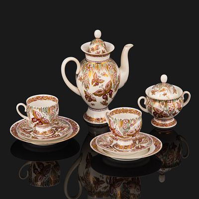 [Подписной] Набор чайно-кофейный тет-а-тет "Розовые бабочки", художник А.В.Воробьевский, фарфор 