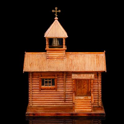 Светильник (ночник), настольная композиция "Часовня", дерево, лак, металл, полимерный материал 