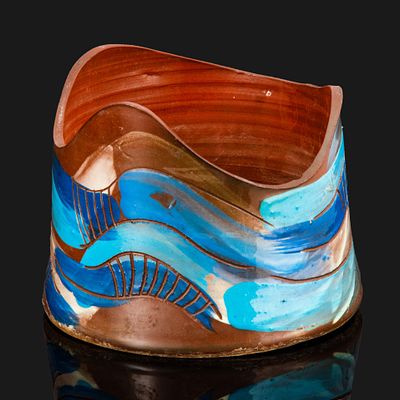 Кашпо [авторское], с подписью "А. Стивера", глина, резьба, роспись, глазурь, СССР, 1970-1990 гг. 