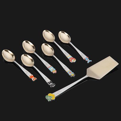 Набор сервировочный из 6 ложек и лопатки "Репка", мельхиор (медь-никель), эмаль, Красносельский 