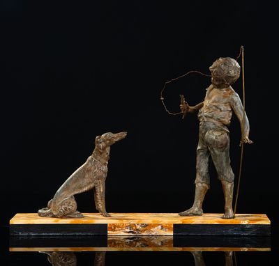 Скульптура в стиле ар-деко "Удачный улов" ("Юный рыбак с собакой") на каменном постаменте 