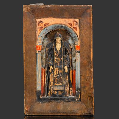 Икона "Преподобный старец Нил Столобенский в схимном одеянии", дерево, резьба, тонировка 