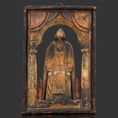 Икона "Преподобный старец Нил Столобенский в схимном одеянии", дерево, резьба, тонировка 