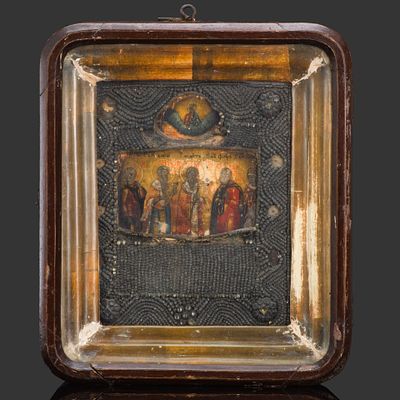 Икона в ризе и киоте "Собор Святых" (Святые: мученик Лавр, мученик Власий, патриарх Модест 