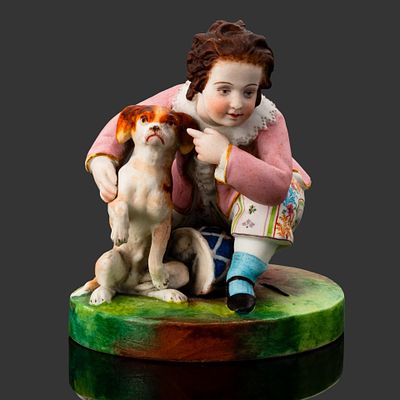 Статуэтка "Мальчик с собакой", предположительно завод А.Г. Попова, бисквит, роспись, Российская 