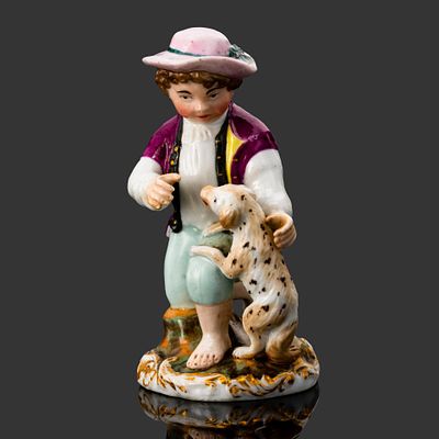 [Редкость] Статуэтка "Мальчик с собакой", фарфор, роспись, золочение, Фарфоровый завод братьев 