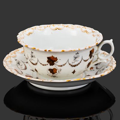 [Большая] Чайная пара с декором в виде кленовых листьев, фарфор, деколь с подрисовкой 