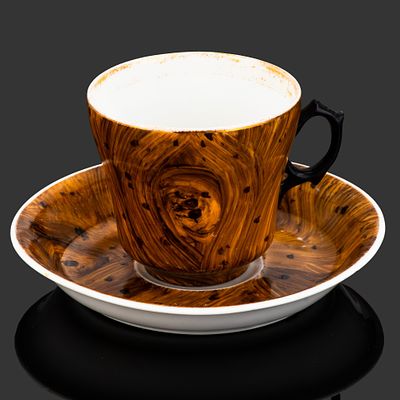 Кофейная пара с имитацией дерева, Товарищество М.С. Кузнецова (предположительно), фарфор 