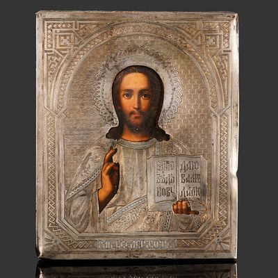 Икона "Господь Вседержитель" в серебряном окладе, серебро 84 пробы, дерево, масло, Российская 