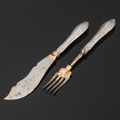 Набор для подачи: вилка и нож, серебро 84 пробы, металл, золочение, Российская империя 