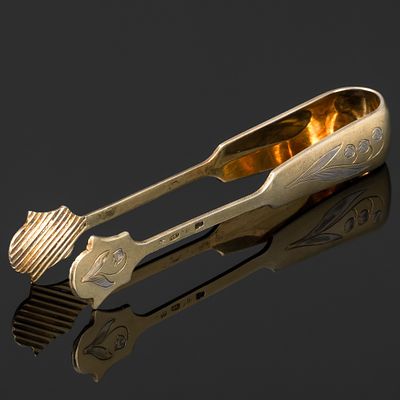 Щипцы для сахара с цветочным декором, серебро 875 пробы, золочение, резьба, Московская 