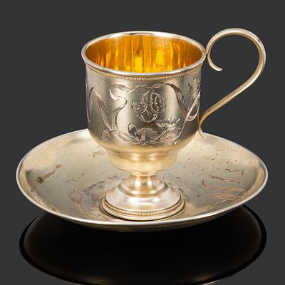 Кофейная пара в стиле Модерн, мастерская Михаила Маслова, серебро 84 пробы, золочение, резьба 