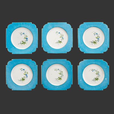 Набор из шести десертных тарелок квадратной формы, с изображением незабудок, фарфор, крытье 
