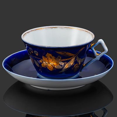 Чайная пара с цветочным декором, фарфор, крытье кобальтом, золочение, серебрение, Товарищество 
