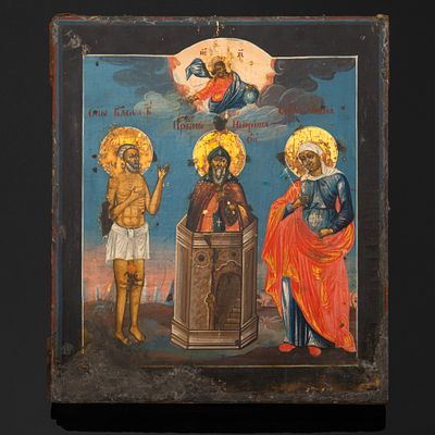 Икона "Избранные святые" (Св. Василий Блаженный, Преподобный Никита Столпник, Св. Анна), дерево 