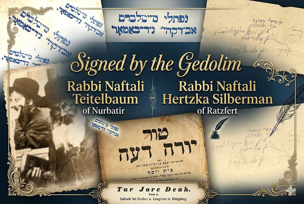 השו"ע של הגאון רבי נפתלי טייטלבוים אבד"ק נירבאטור, והגאון רבי נפתלי הירצקא (מראצפערט. חתימת 