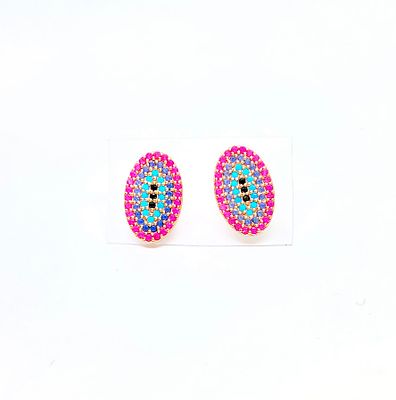 זוג עגילי כסף 925 אוולי מצופי זהב משובץ אבנים צבעוניות. 8.5 ממ 13 ממ