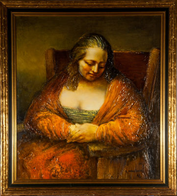 Вячеслав Михайлов. Дама в кресле, серия "Диалоги с Рембрандтом", 1998, холст, масло, левкас 