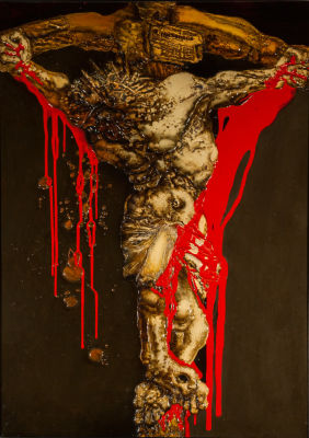 Вячеслав Михайлов. Распятие, 1990, 132х94,5 см, оргалит, левкас, масло. Михайлов Вячеслав 