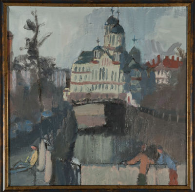 Александр Бихтер. Набережная реки Карповки, 2010, 60х60 см, картон, масло, подписана автором 