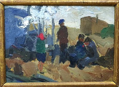 [1969, ленинградская школа] Юрий Карпов. Механизаторы, 1969, 21х31, картон, масло, рама эпохи 