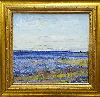 [1979, ленинградская школа] Вячеслав Загонек. Озеро Мстино, 1979, 47,5х43 см, холст, масло 