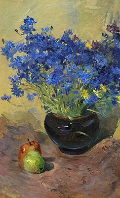 [1981, ленинградская школа] Маргарита Рубан. Васильки, 1981, 48,5х29,5 см, картон, масло 