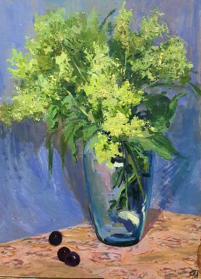 [1990] Маргарита Рубан. Белые цветы, 1990, 55,3х40 , картон, масло, подпись в правом нижнем 