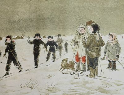 [1949] Вера Матюх. Суворовцы на лыжах: 1949, подпись автора в правом нижнем углу, авторская 