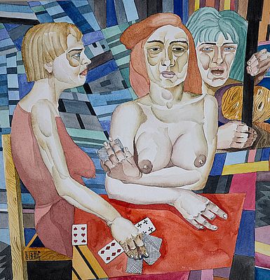 [1996] Стас Блинов. Три девушки, 1996, 30,5х30,5 см, эскиз к картине, бумага , акварель 