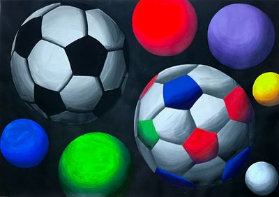 [2017] Олег Хвостов. Космический футбол, 2017, 42х59 см, бумага, гуашь, оформление в паспарту 