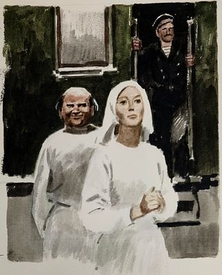 [оригинал книжной иллюстрации] Пинкисевич. Сестры, размер листа 36,7х25,7 см, бумага, акварель 