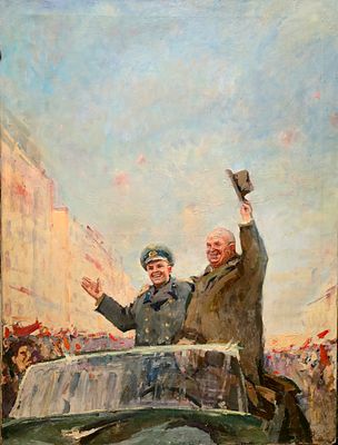 [конец 1960-х] Гагарин и Хрущев, конец 1960-х, 119,5х89,5 см, холст, масло, подпись в правом 