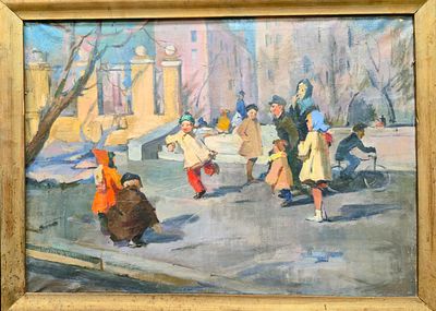 [1958] Неизвестный художник. На катке, 50х70 см, холст, масло, ярлык Академии художеств 1957 