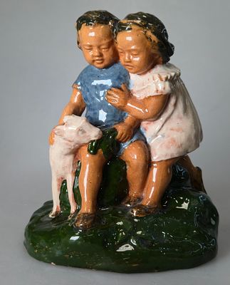 [1950е] Девочки с козленком. 1950е, В.17 см, майолика, марка в массе BN, Каунас, коллекционная 