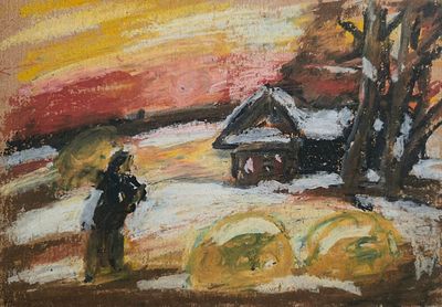 [2011] Геля Писарева. За сеном, 2011, 15х21 см, картон, пастели, подпись и датировка автора на 
