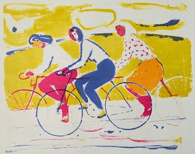 [1960-е, опубликовано] Вера Матюх. На велосипедах, 1960-е, 47х62,3 см, авторская литография 