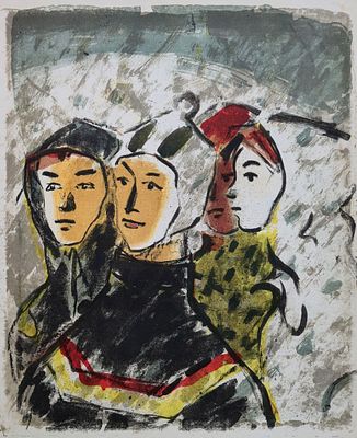 [1960-е] Вера Матюх. Лыжники, 1960-е, 62х47 см, авторская литография, коллекционная сохранность. 