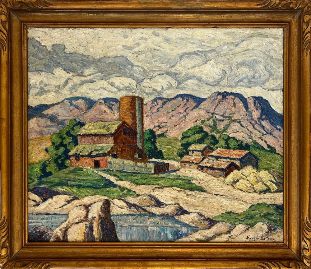 Lot 152: Unknown, copy of Birger Sandzen's "Farm in the Foothills" oil on board