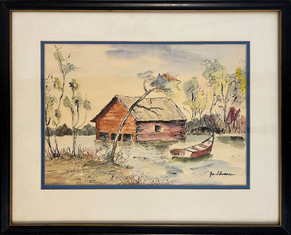 Lot 159: Stevenson, Jo, untitled flooded barn with boat, watercolor