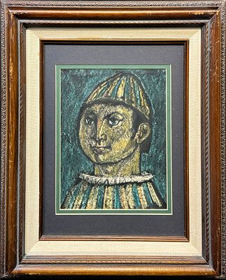 Raymer, Lester (1907-1991) untitled clown head, 1974 crayon resist. Raymer, Lester (1907-1991) 