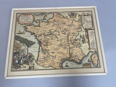 Vintage French Map. D: Frame: 20 3/4"w x 16 1/4"h Sight: 19 3/4"w x 15 1/4"h Condition: Good