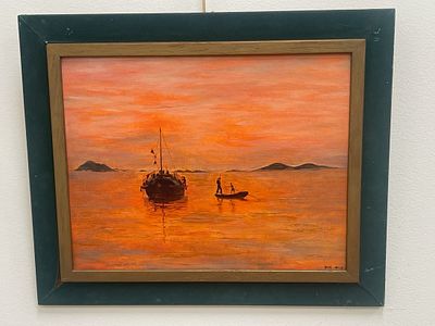 Oil on Board Fishermen Painting. Illegibly signed lower right. D: Frame: 22 1/2"w x18 1/2"h