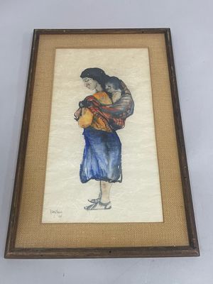 Vintage Watercolor Woman Carrying Baby. Woman Carrying Baby. Illegibly signed lower left. Dated