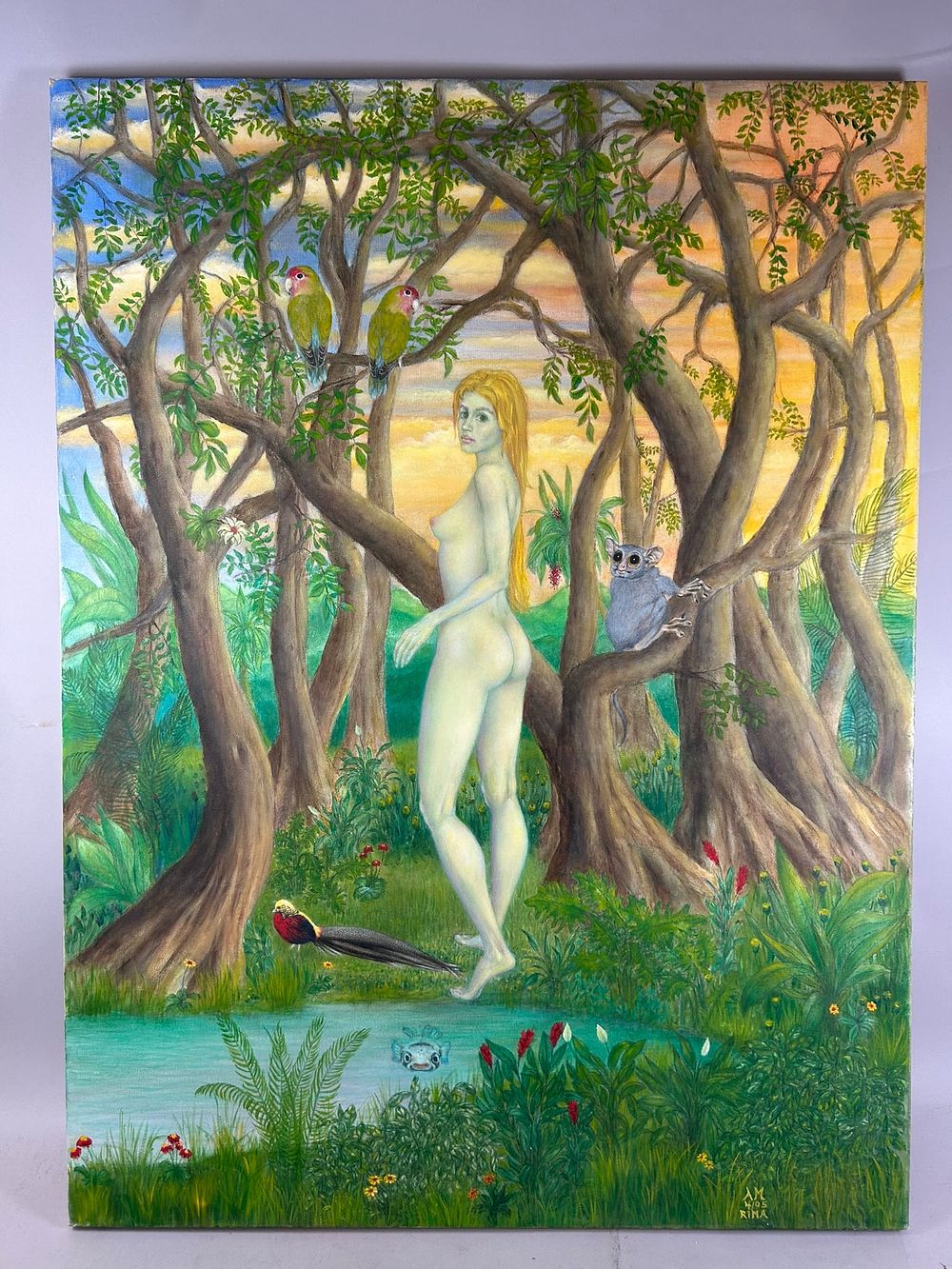 Abstract Nude Painting "The Bird Girl". Signed lower right. 40"h x 30"w 
Condition: Fair 