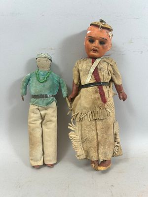 Pair of Native American Dolls. Native American Dolls. 7"h x 3"l x 1"w (smallest) -- 9"h x 4"l x