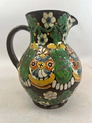 Antique Glazed Ceramic Ewer. 8"h x 7"l x 6"w Condition: Fair vintage condition. Please see