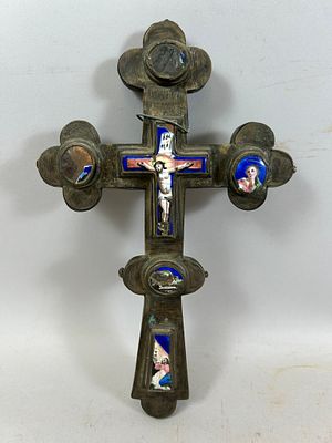 Russian Enameled Alter Crucifix Cross. 10."h x 6.5"l x 1"w Condition: Fair vintage condition.