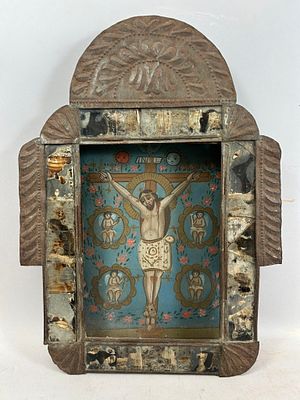 Antique Mexican Metal Retablo of Jesus Christ. Mexican Metal Retablo of Jesus Christ. 15.5"h x