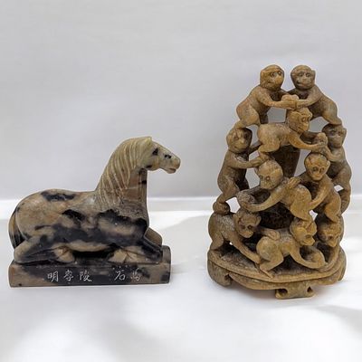 Pair Of Chinese Soapstone Carvings, A Horse With Calligraphy And A Grouping Of Monkeys. 